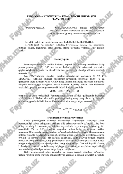 permanganatometriya. kmno4 ishchi eritmasini tayyorlash. — DOCX