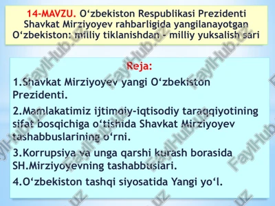 o‘zbekiston respublikasi prezidenti shavkat mirziyoyev rahbarligida yangilanayotgan o‘zbekiston: milliy tiklanishdan – milliy yuksalish sari — PPTX