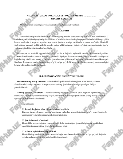 tuman hokimligi devonxona mudirining funksional vazifalari — DOCX