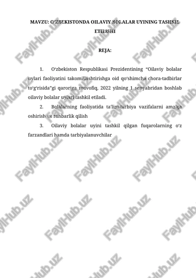 o‘zbekistonda oilaviy bolalar uyining tashkil etilishi — DOCX