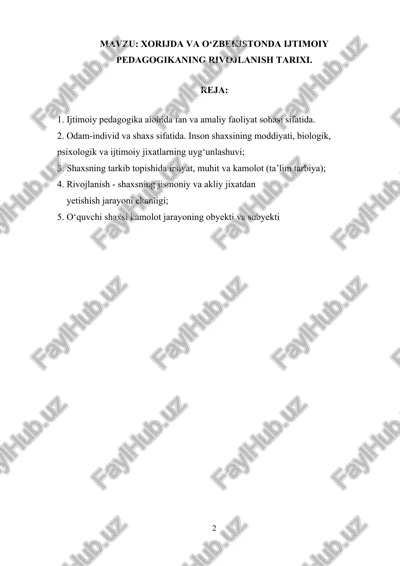xorijda va o'zbekistonda ijtimoiy pedagogikaning rivojlanish tarixi — DOCX
