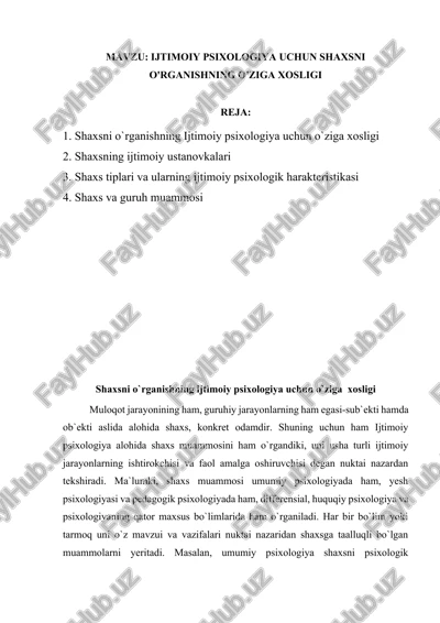 shaxsni o'rganishning ijtimoiy psixologiya uchun o'ziga xosligi — DOCX