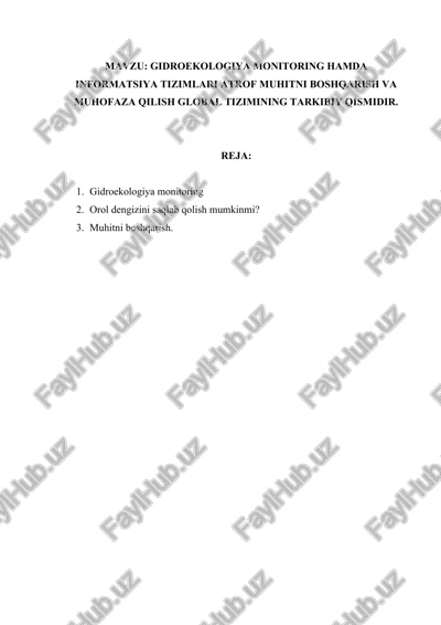 gidroekologiya monitoring hamda informatsiya tizimlari atrof muhitni boshqarish va muhofaza qilish global tizimi — DOCX