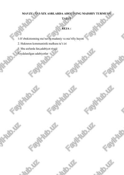 xvi-xix asrlarda aholining maishiy turmush tarzi — DOCX