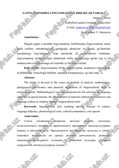 gapni oʻqitishda lingvomadaniy birliklar tahlili — DOCX