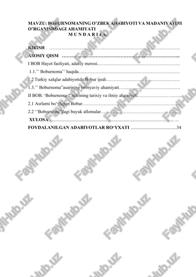 boburnomaning o'zbek adabiyoti va madaniyatini o'rganishdagi ahamiyati — DOCX