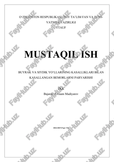 buyrak va siydik yoʻllarining kasalliklari bilan kasallangan bemorlarni parvarishi — DOCX