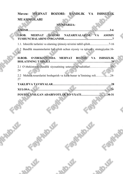 mehnat bozori: bandlik va ishsizlik muammolari — DOCX