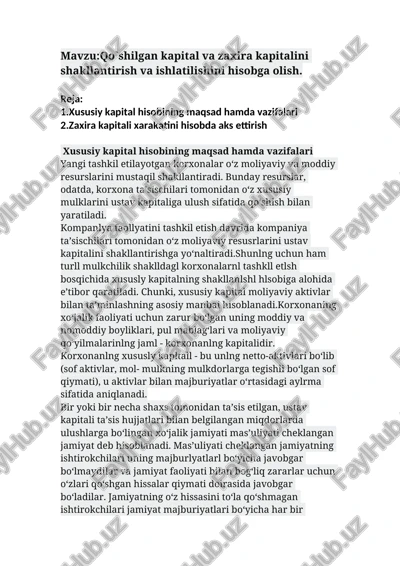 xususiy kapital va zaxira kapitalini hisobga olish — DOCX