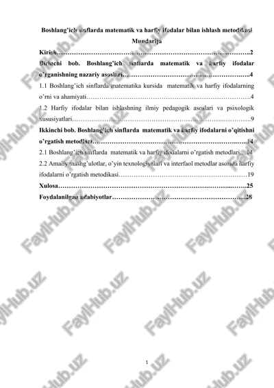boshlang'ich sinflarda matematik va harfiy ifodalar bilan ishlash — DOCX