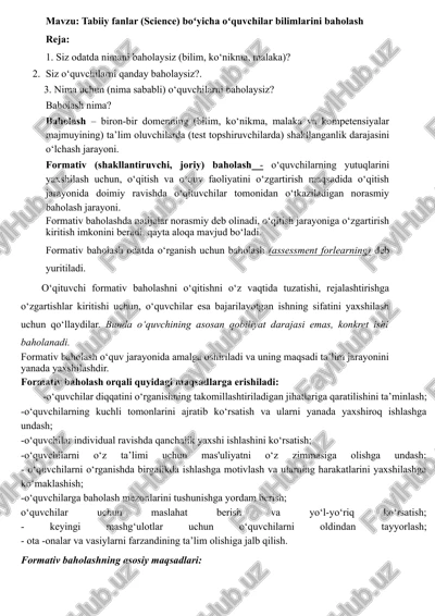 tabiiy fanlar (science) boʻyicha oʻquvchilar bilimlarini baholash — DOCX