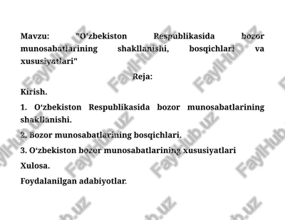 o'zbekiston respublikasida bozor munosabatlarining shakllanishi, bosqichlari va xususiyatlari" — DOCX