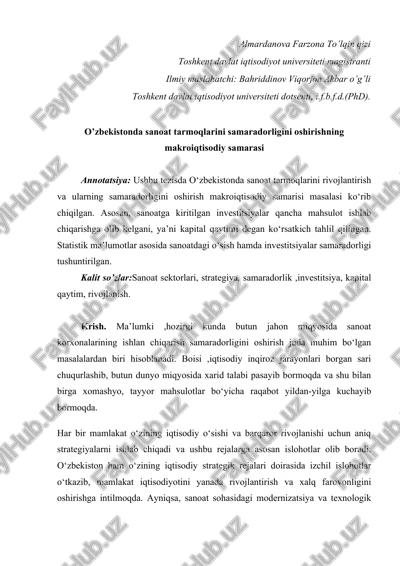 o'zbekistonda sanoat tarmoqlarini samaradorligini oshirishning makroiqtisodiy samarasi — DOCX