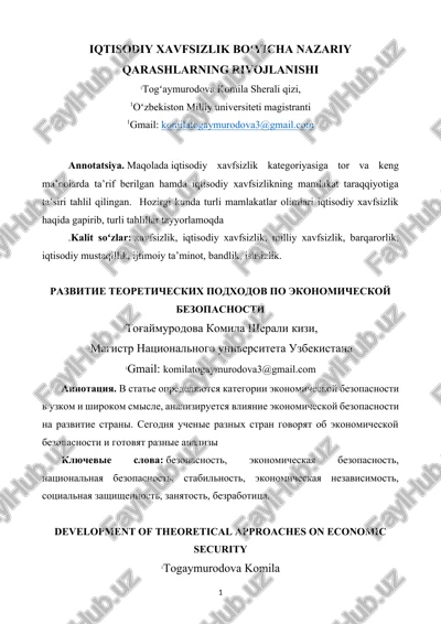 iqtisodiy xavfsizlik boʻyicha nazariy qarashlarning rivojlanishi — DOCX