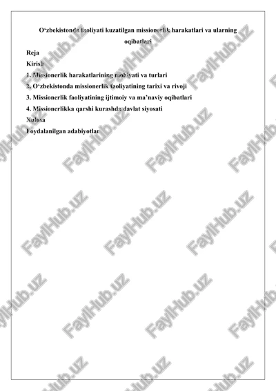 o‘zbekistonda faoliyati kuzatilgan missionerlik harakatlari va ularning oqibatlari — DOCX