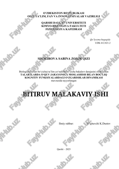 biologiya (turlari bo‘yicha) ta’lim yo‘nalishi bo’yicha bakalavr darajasini olish uchun talabalarda o‘quv jarayoniga moslashish bilan bog‘liq kognitiv funksiyalardagi o‘zgarishlar dinamikasi — DOCX