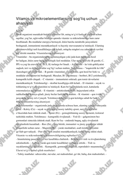 vitamin va mikroelementlarning sog‘liq uchun ahamiyati — PDF
