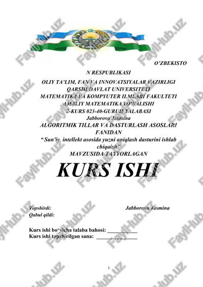 algoritmik tillar va dasturlash asoslari fanidan “ sun'iy intellekt asosida yuzni aniqlash dasturini ishlab chiqaish” kurs ishi — DOCX