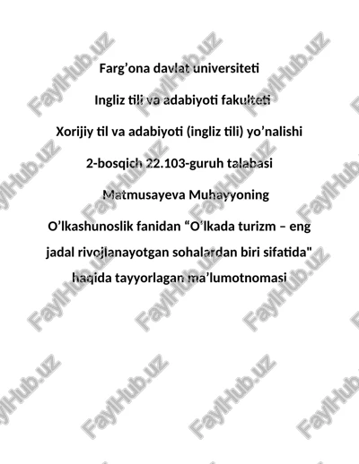 o‘lkada turizm - eng jadal rivojlanayotgan sohalar — DOCX