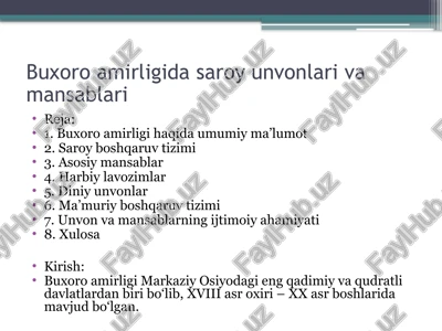 buxoro amirligida saroy unvonlari va mansablari — PPTX