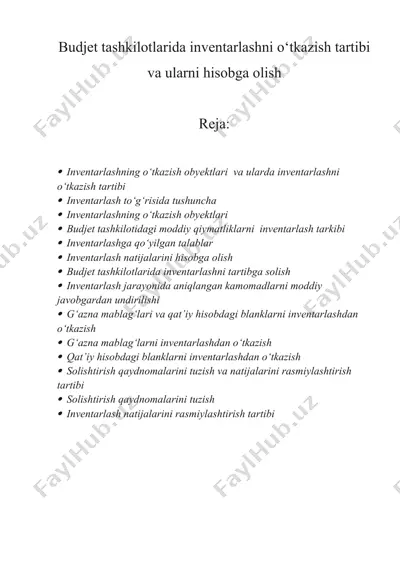 budjеt tashkilotlarida invеntarlashni o‘tkazish tartibi va ularni hisobga olish — DOCX
