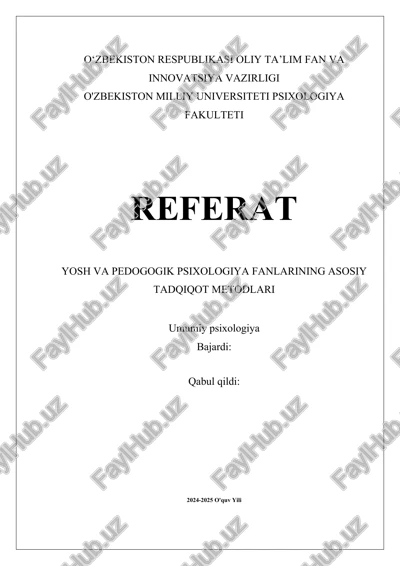 yosh va pedogogik psixologiya fanlarining asosiy tadqiqot metodlari — DOCX