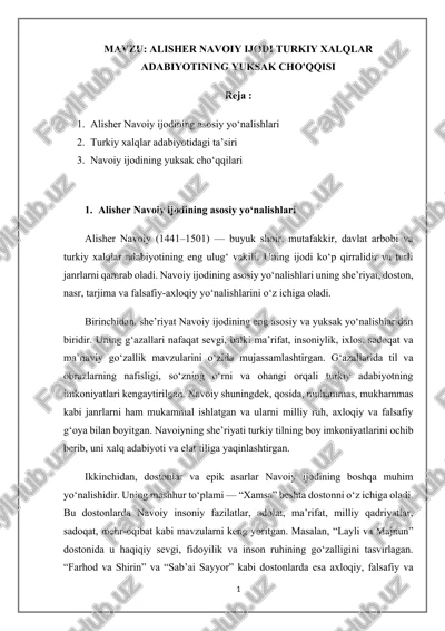 alisher navoiy ijodi turkiy xalqlar adabiyotining yuksak cho'qqisi — DOCX