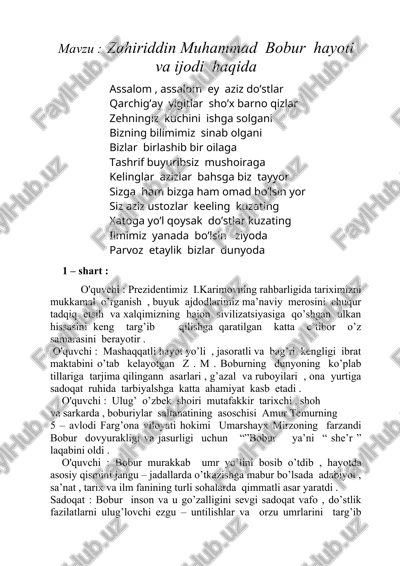 zahiriddin muhammad bobur hayoti va ijodi haqida — DOC