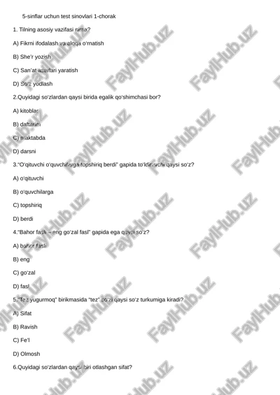 5-sinflar uchun test sinovlari 1-chorak — PDF