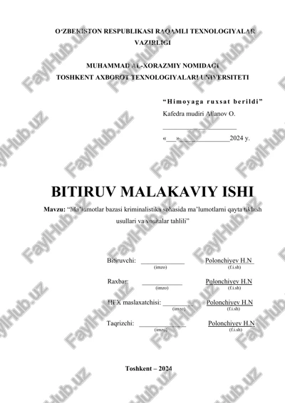ma’lumotlar bazasi kriminalistika sohasida ma’lumotlarni qayta tiklash usullari va vositalar tahlili — DOCX