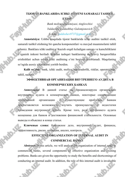 tijorat banklarida ichki auditni samarali tashkil etish — DOCX