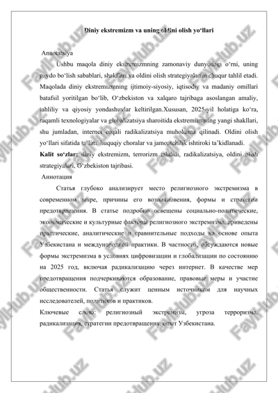 diniy ekstremizm va uning oldini olish yo‘llari — DOCX