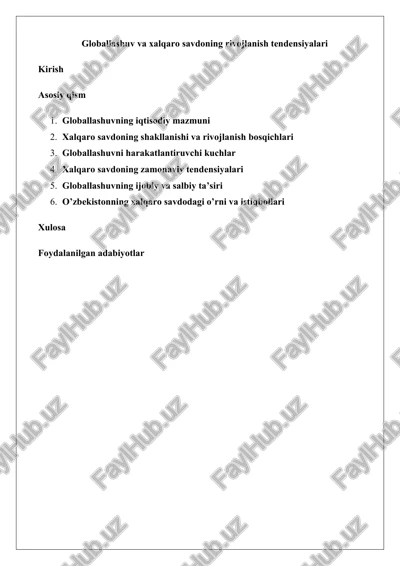 globallashuv va xalqaro savdoning rivojlanish tendensiyalari — DOCX