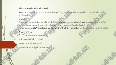 avtomatik transport aravalari (agv) va robokarlarning ishlab chiqarishda qo‘llanishi — PPTX