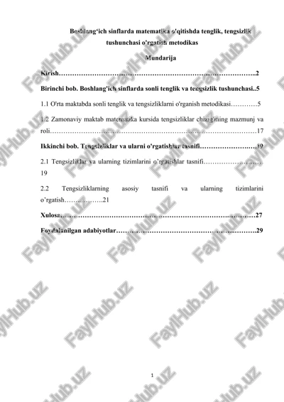 boshlangʻich sinflarda matematika o'qitishda tenglik, tengsizlik tushunchasi o'rgatish metodikas — DOCX