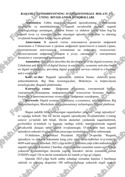 raqamli iqtisodiyotning o‘zbekistondagi holati va uning rivojlanish istiqbollari maqola — DOCX