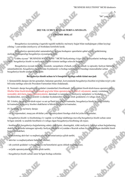 2022 yil uchun buxgalteriya siyosati — DOCX