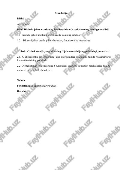 ikkinchi jahon urushining boshlanishi va o’zbekistonning urushga tortilishi — DOCX
