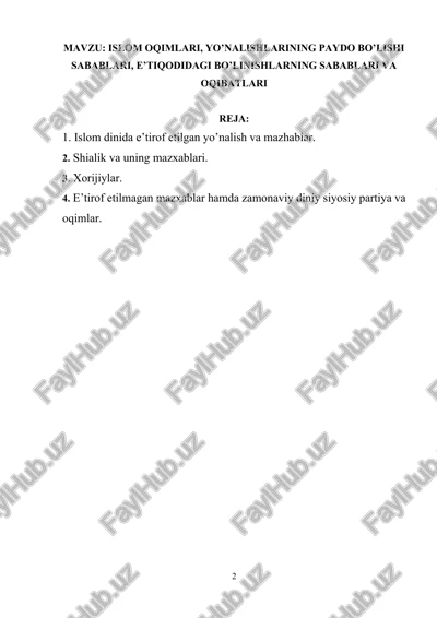 islom oqimlari, yo’nalishlarining paydo bo’lishi sabablari, e’tiqodidagi bo’linishlarning sabablari va oqibatlari — DOCX
