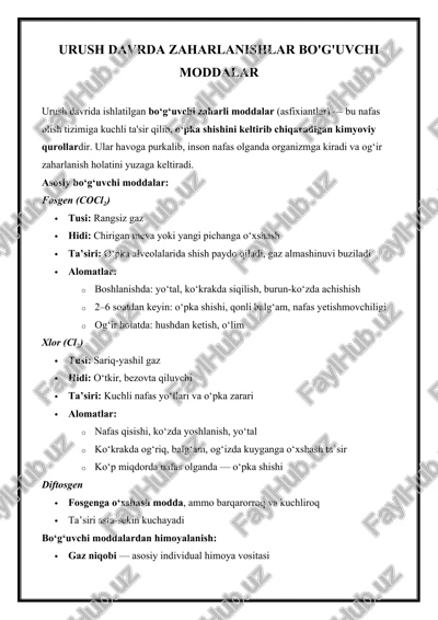 urush davrda zaharlanishlar bo'g'uvchi moddalar — DOCX