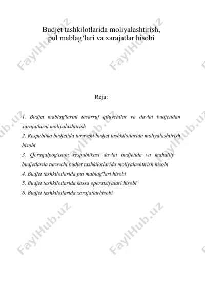 budjet tashkilotlarida moliyalashtirish, pul mablag‘lari va xarajatlar hisobi — DOC