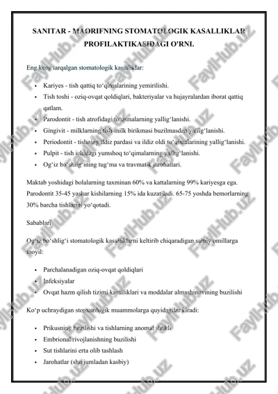 sanitar - maorifning stomatologik kasalliklar profilaktikasidagi o'rni — DOCX