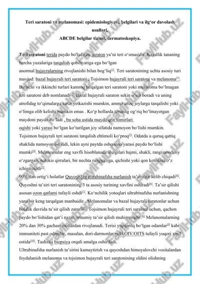 teri saratoni va melanomasi: epidemiologiyasi, belgilari va ilg‘or davolash usullari — DOCX