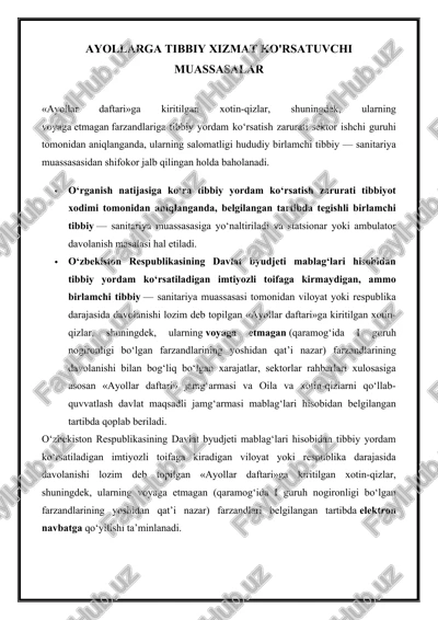 ayollarga tibbiy xizmat ko'rsatuvchi muassasalar — DOCX