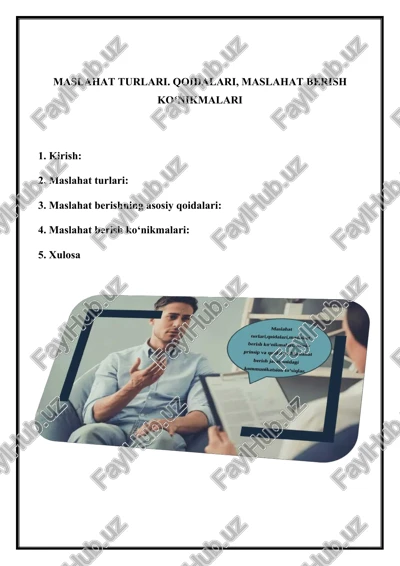 maslahat turlari, qoidalari va maslahat berish ko‘nikmalari — DOCX