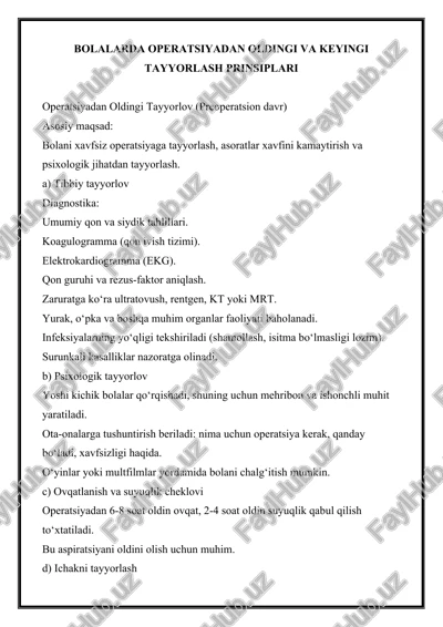 bolalarda operatsiyadan oldingi va keyingi tayyorlash prinsiplari — DOCX