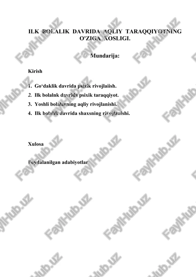ilk bolalik davrida aqliy taraqqiyotning o'ziga xosligi — DOCX