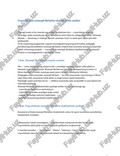 mustaqil fikrlashni shakllantirish usullari — DOCX