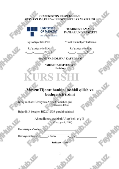 tijorat bankini tashkil qilish va boshqarish tizimi — DOCX