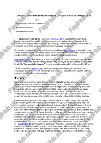 yuqori darajali dasturlash tillari. interpretatorlar va kompilyatorlar — DOCX